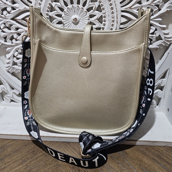 Handbags - Gold Bag with Patterned Strap Crossbody